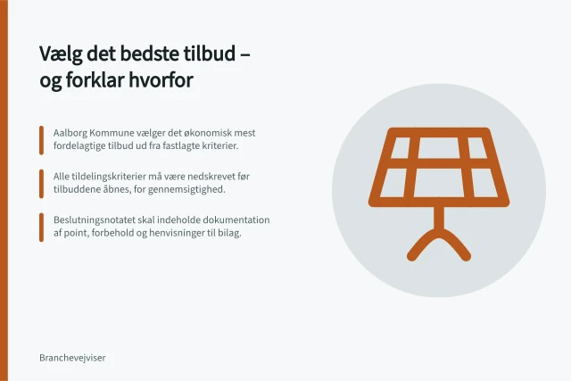 Vælg det bedste tilbud – og forklar hvorfor: Aalborg Kommune vælger det økonomisk mest fordelagtige tilbud ud fra fastlagte kriterier.; Alle tildelingskriterier må være nedskrevet før tilbuddene åbnes, for gennemsigtighed.; Beslutningsnotatet skal indeholde dokumentation af point, forbehold og henvisninger til bilag. Evaluering af tilbud og dokumentation af beslutningen