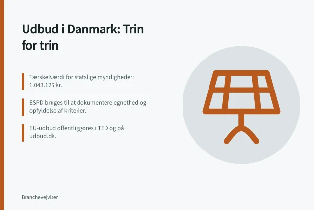 Udbud i Danmark: Trin for trin: Tærskelværdi for statslige myndigheder: 1.043.126 kr.; ESPD bruges til at dokumentere egnethed og opfyldelse af kriterier.; EU-udbud offentliggøres i TED og på udbud.dk. Forberedelse og gennemførelse af udbud efter danske regler