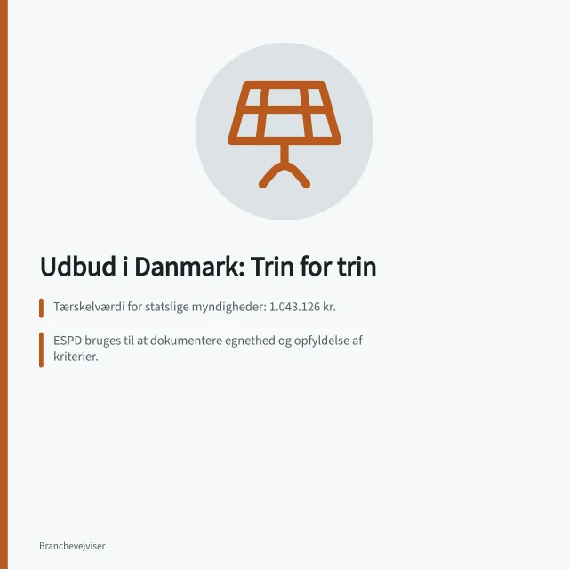 Udbud i Danmark: Trin for trin: Tærskelværdi for statslige myndigheder: 1.043.126 kr.; ESPD bruges til at dokumentere egnethed og opfyldelse af kriterier.; EU-udbud offentliggøres i TED og på udbud.dk. Forberedelse og gennemførelse af udbud efter danske regler
